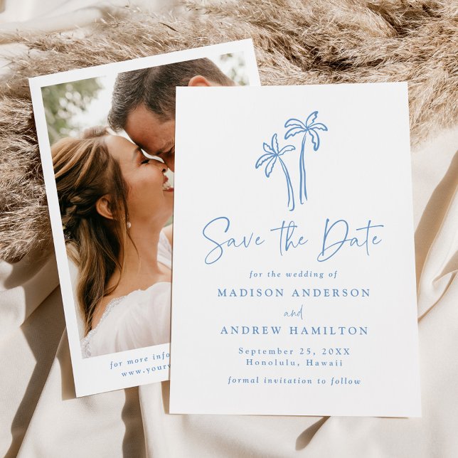 Modern Hand-Drawn Blue Palm Trees Photo Wedding Save The Date (Creator Uploaded)