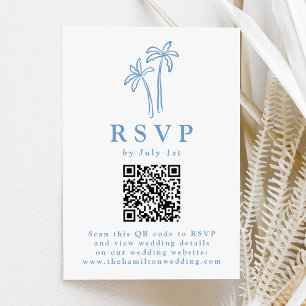 Modern Hand-Drawn Blue Palm Trees QR Code Wedding RSVP Card