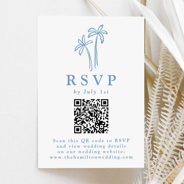 Modern Hand-Drawn Blue Palm Trees QR Code Wedding RSVP Card (Creator Uploaded)
