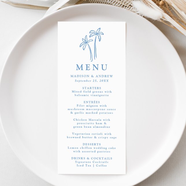 Modern Hand-Drawn Blue Palm Trees Wedding Menu (Creator Uploaded)