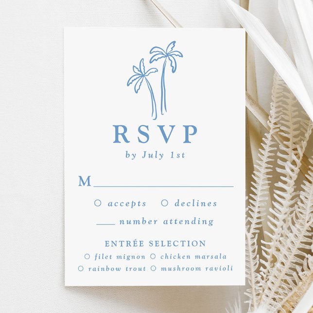 Modern Hand-Drawn Blue Palm Trees Wedding RSVP Card (Creator Uploaded)