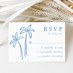 Modern Hand-Drawn Blue Palm Trees Wedding RSVP Card