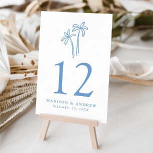 Modern Hand-Drawn Blue Palm Trees Wedding Table Number