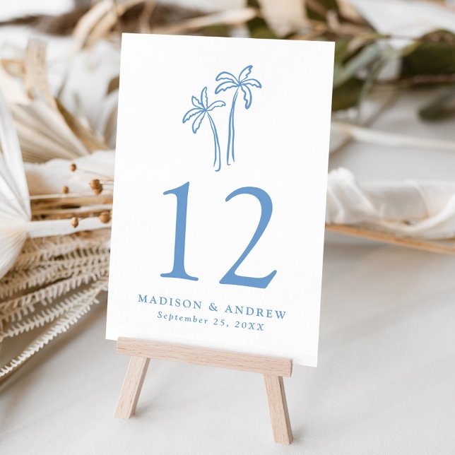 Modern Hand-Drawn Blue Palm Trees Wedding Table Number (Creator Uploaded)