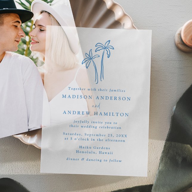 Modern Hand-Drawn Blue Palm Trees Wedding Vellum Invitations (Creator Uploaded)