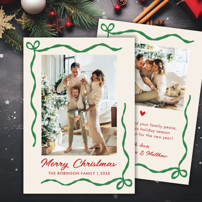 Modern Hand Drawn Bow 2 Photo Merry Christmas Holiday Card (Creator Uploaded)