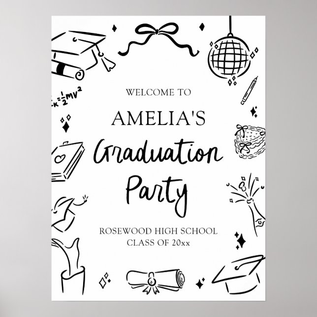 Modern Hand Drawn Bow Graduation Party Welcome Poster (Front)