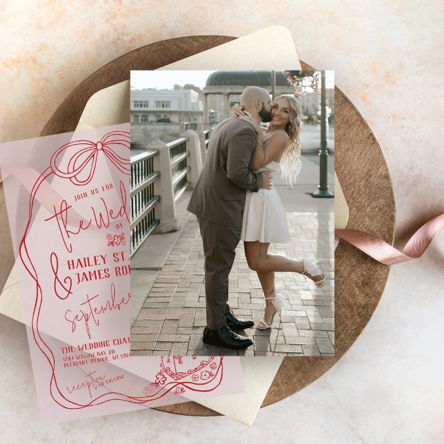 Modern Hand Drawn Bow Photo Underlay Wedding Invitation (Simple wedding invitation photo underlay card for modern whimsical pink and red bow vellum overlay)