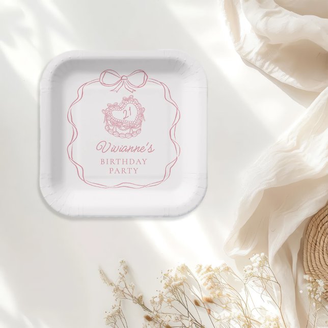 Modern Hand Drawn Bow Pink Girl Birthday Paper Plate (Creator Uploaded)