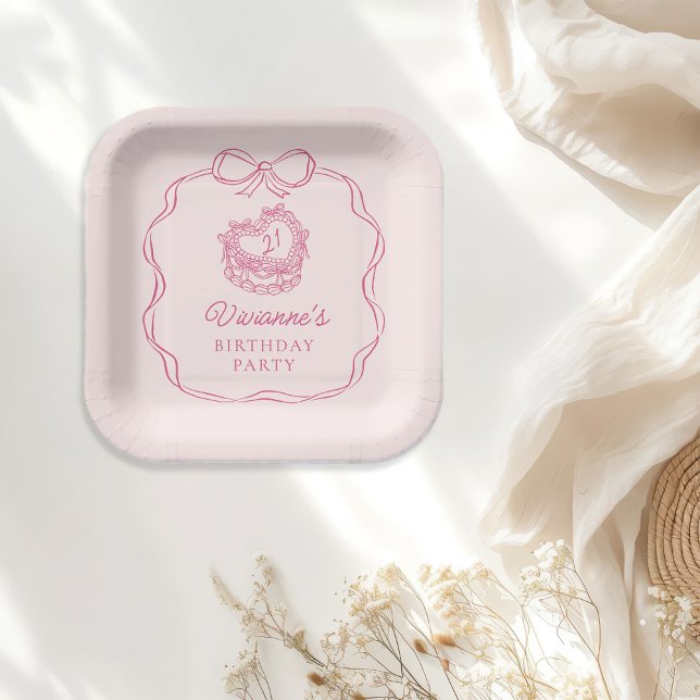 Modern Hand Drawn Bow Pink Girl Birthday Paper Plate (Creator Uploaded)