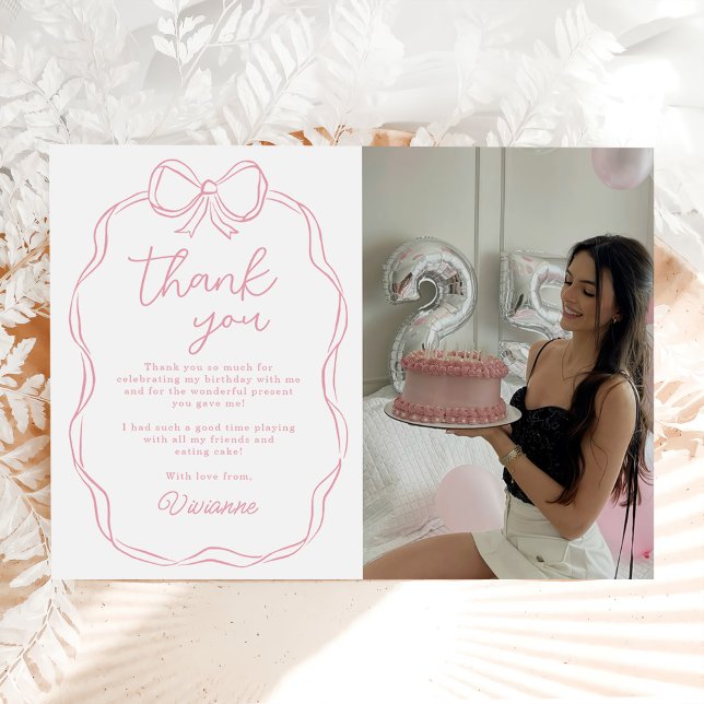 Modern Hand Drawn Bow Pink Girl Birthday Photo Thank You Card (Creator Uploaded)