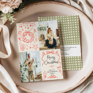 Modern Hand Drawn Bows Boho Merry Christmas Photo Holiday Card