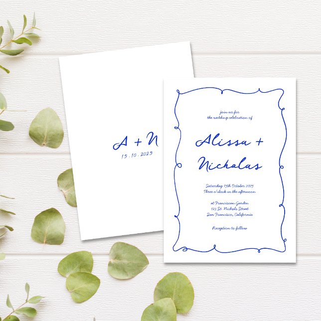 Modern Hand Drawn Bright Blue Monogram Wedding Invitation (Creator Uploaded)