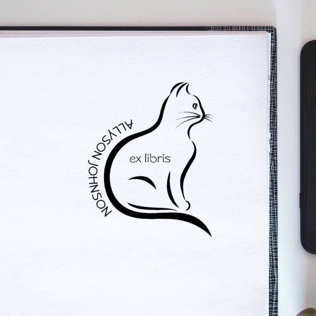 Modern Hand-drawn Cat Custom Name Book Ex Libris Rubber Stamp (Creator Uploaded)