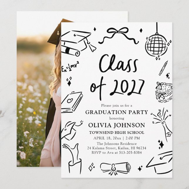 Modern Hand Drawn Class of 2027 Graduation Party Invitation (Front/Back)