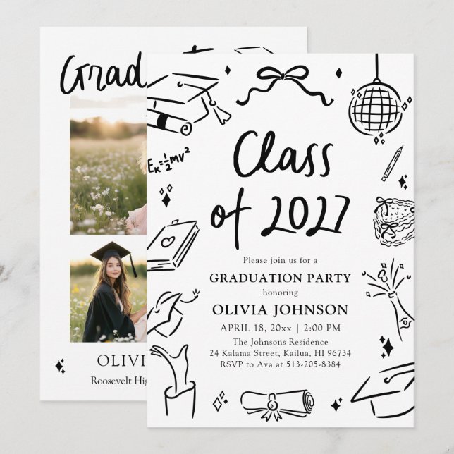 Modern Hand Drawn Class of 2027 Graduation Party Invitation (Front/Back)