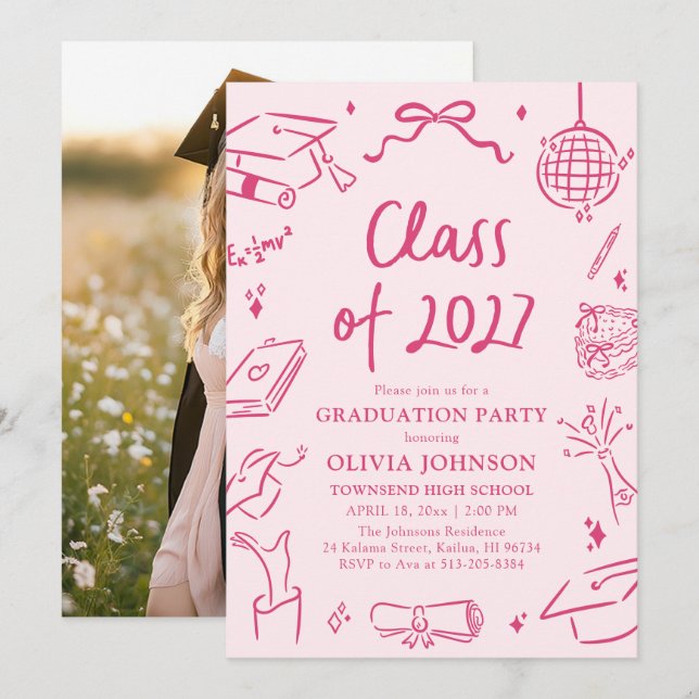 Modern Hand Drawn Class of 2027 Graduation Party Invitation (Front/Back)