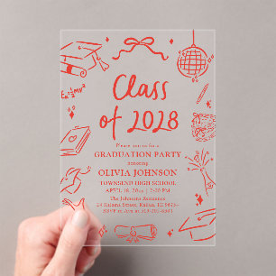 Modern Hand Drawn Class of 2028 Graduation Party Acrylic Invitations