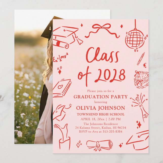 Modern Hand Drawn Class of 2028 Graduation Party Invitation (Front/Back)