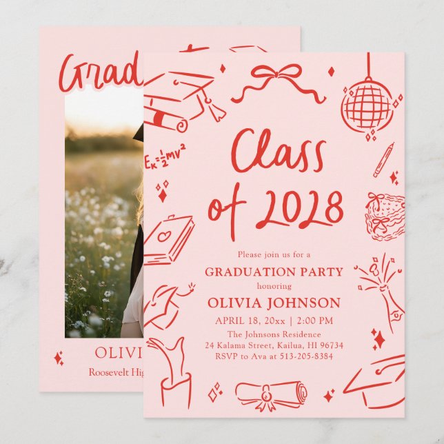 Modern Hand Drawn Class of 2028 Graduation Party Invitation (Front/Back)