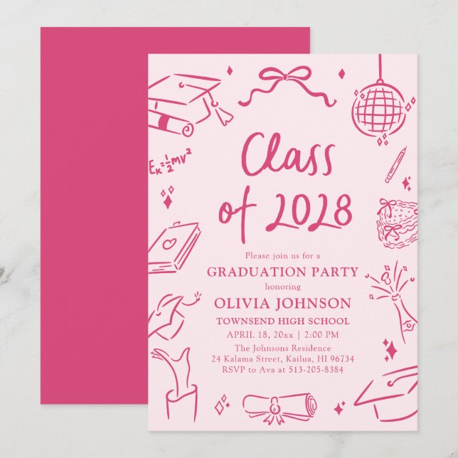 Modern Hand Drawn Class of 2028 Graduation Party Invitation (Front/Back)