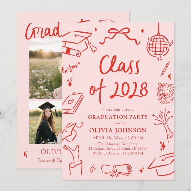 Modern Hand Drawn Class of 2028 Graduation Party Invitation (Front/Back)