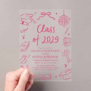 Modern Hand Drawn Class of 2029 Graduation Party Acrylic Invitations
