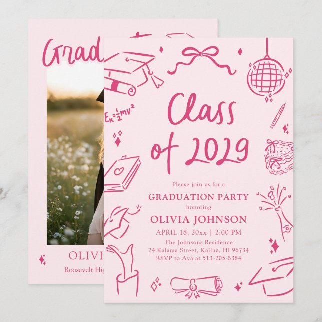Modern Hand Drawn Class of 2029 Graduation Party Invitation (Front/Back)