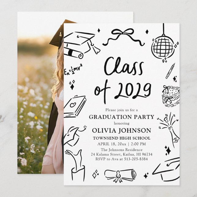 Modern Hand Drawn Class of 2029 Graduation Party Invitation (Front/Back)