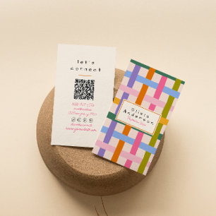 Modern Hand Drawn Colorful Checkered QR Code Business Card