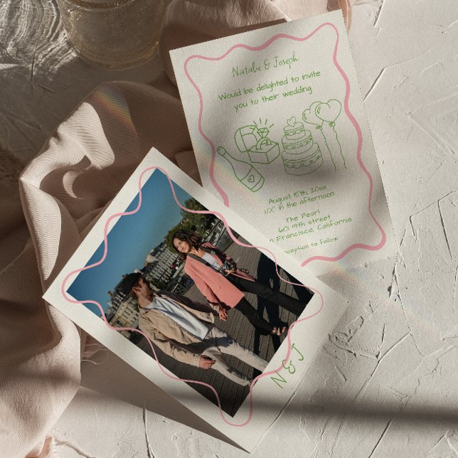 Modern Hand Drawn Colourful Photo Trendy Wedding   Invitation (Creator Uploaded)