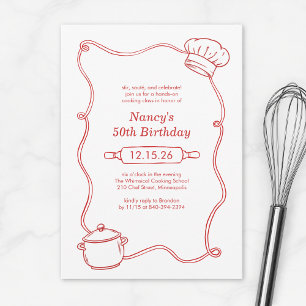Modern Hand Drawn Cooking Class Red Birthday Invitation