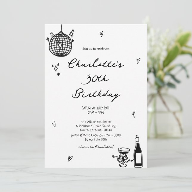 Modern Hand Drawn disco ball 30th Birthday  Invitation (Standing Front)