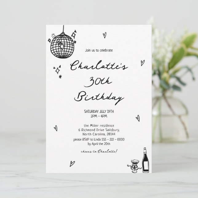 Modern Hand Drawn disco ball 30th Birthday  Invitation (Standing Front)