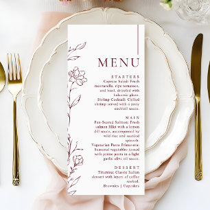 Modern Hand Drawn Floral Burgundy Wedding Dinner Menu