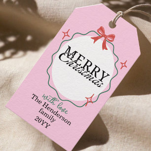Modern Hand-drawn frame bow Pink Merry Christmas Gift Tags