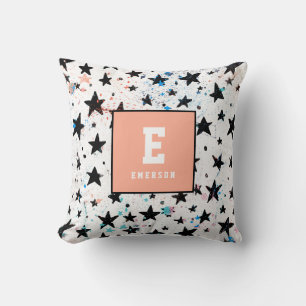 modern hand drawn fun space and stars monochrome cushion