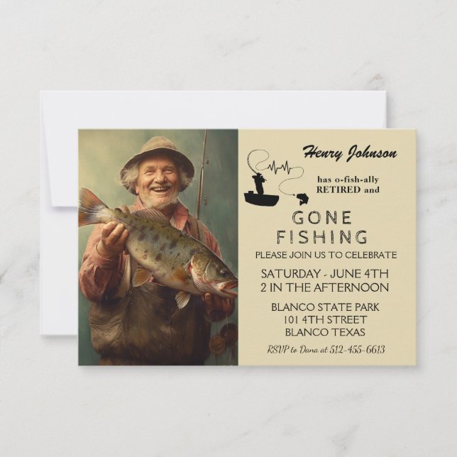 Modern hand drawn Gone Fishing Retirement Invite (Front)