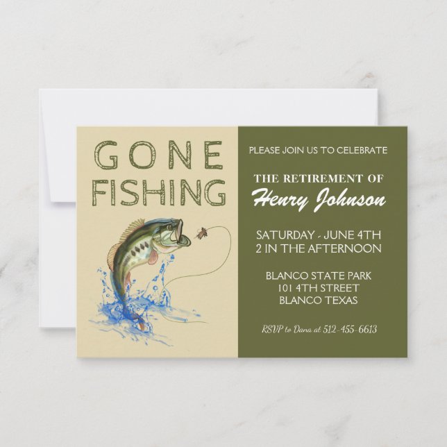 Modern hand drawn Gone Fishing Retirement Invite (Front)