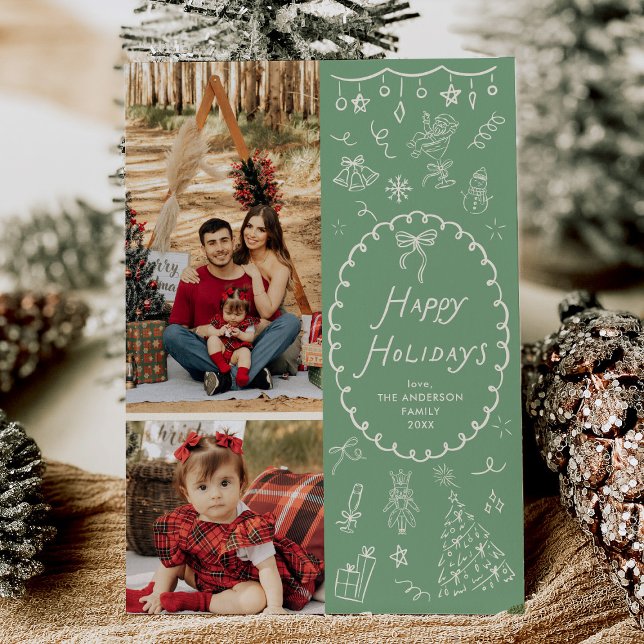 Modern Hand Drawn Icons Happy Holidays 2 Photo Holiday Card (Creator Uploaded)