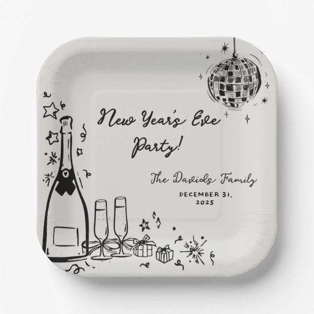Modern Hand Drawn New Year's Eve Party  Paper Plate (Front)