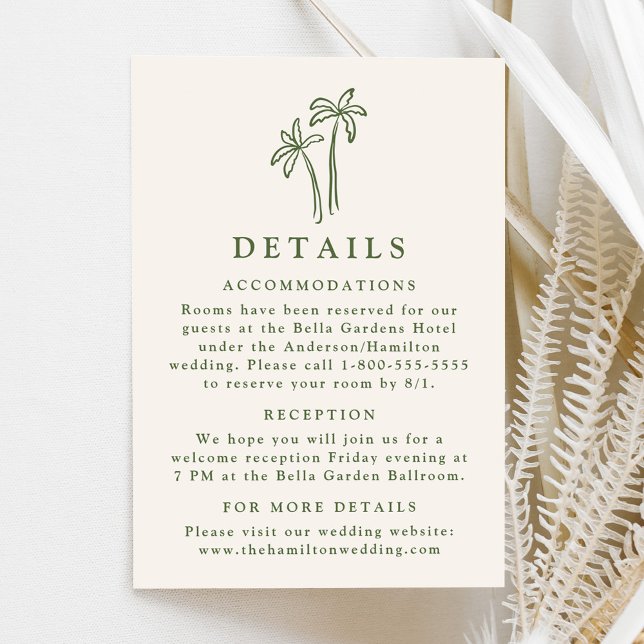 Modern Hand-Drawn Palm Trees Cream Wedding Details Enclosure Card (Creator Uploaded)