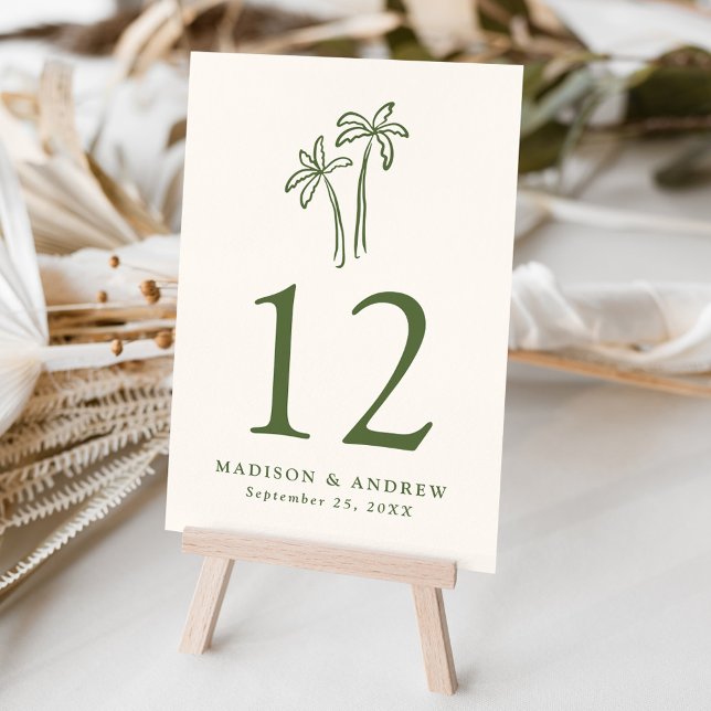 Modern Hand-Drawn Palm Trees Cream Wedding Table Number (Creator Uploaded)