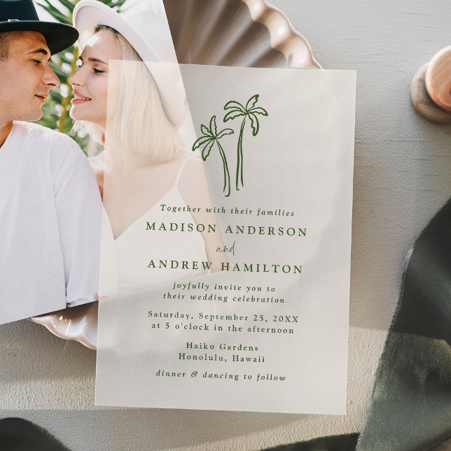 Modern Hand-Drawn Palm Trees Cream Wedding Vellum Invitations (Creator Uploaded)