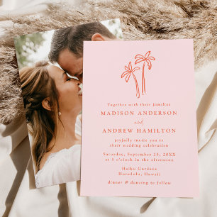 Modern Hand-Drawn Palm Trees Pink Photo Wedding Invitation