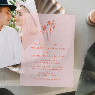 Modern Hand-Drawn Palm Trees Pink Wedding Vellum Invitations