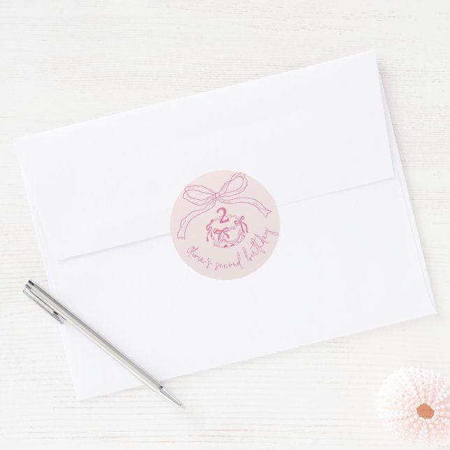 Modern Hand Drawn Pink Bow Cake Birthday Party Classic Round Sticker (Envelope)
