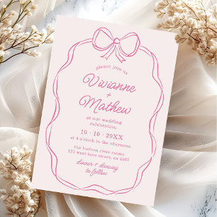 Modern Hand Drawn Pink Bow Wedding Invitation