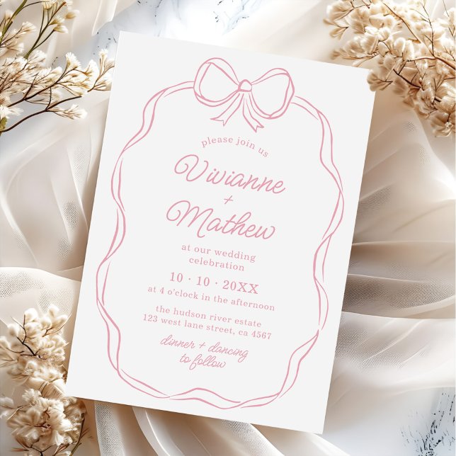Modern Hand Drawn Pink Bow Wedding Invitation (Creator Uploaded)