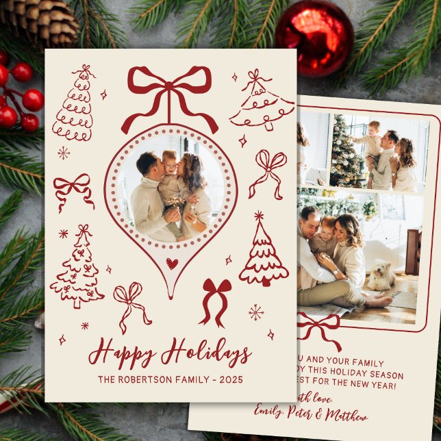 Modern Hand-Drawn Red Bows Photo Christmas Happy  Holiday Card (Creator Uploaded)